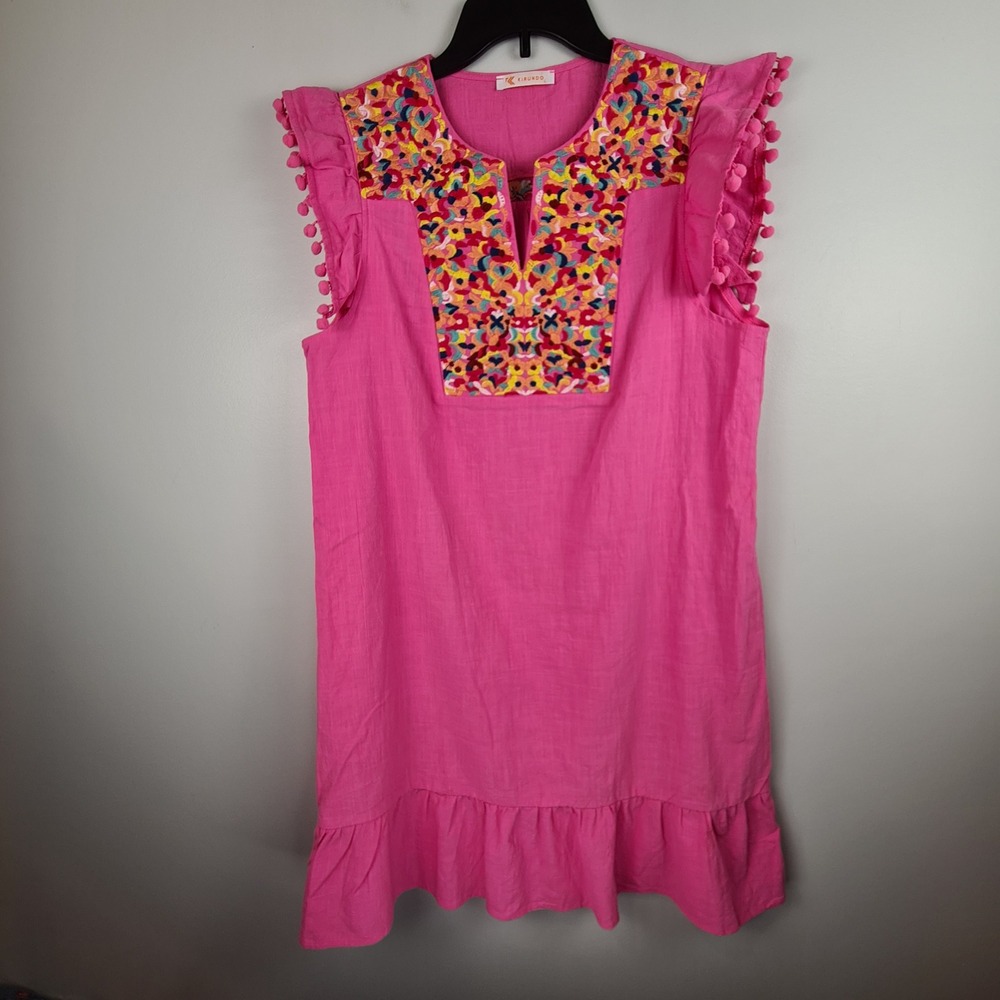 Kirundo Womens Hot Pink Embroidered Flutter Sleeve Pom Pom Shift Dress Large